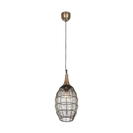 Lampadario a sospensione per salotto nero con diffusore alto in rete metallica ottone invecchiato