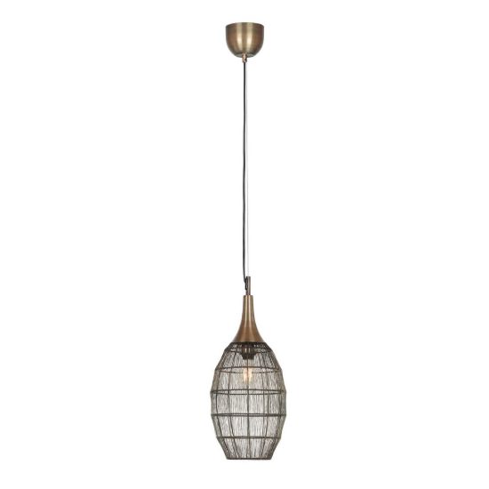 Lampadario a sospensione per salotto nero con diffusore alto in rete metallica ottone invecchiato