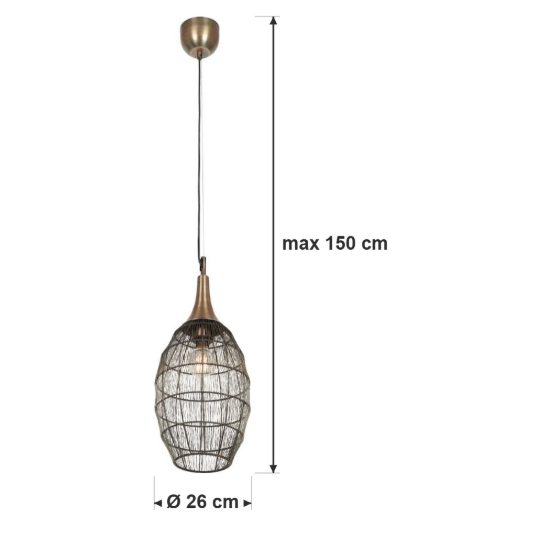 Lampadario a sospensione per salotto nero con diffusore alto in rete metallica ottone invecchiato
