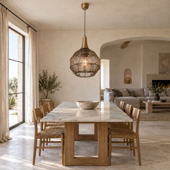 Lampadario a sospensione per salotto nero con diffusore basso in rete metallica ottone invecchiato