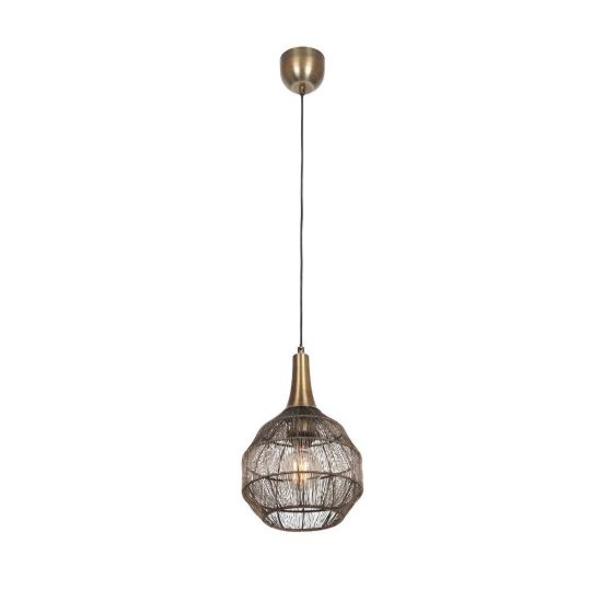 Lampadario a sospensione per salotto nero con diffusore basso in rete metallica ottone invecchiato