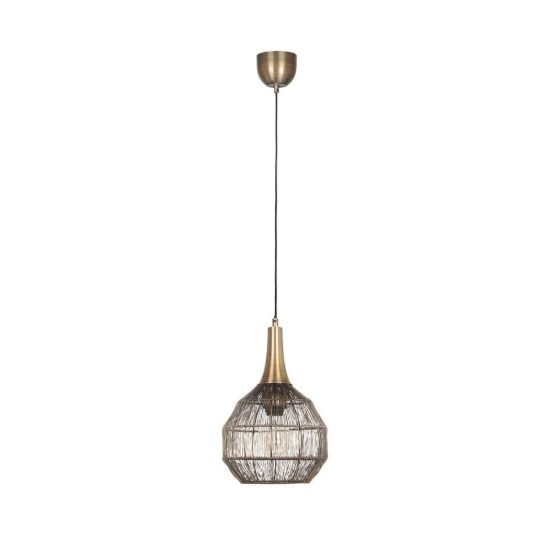 Lampadario a sospensione per salotto nero con diffusore basso in rete metallica ottone invecchiato