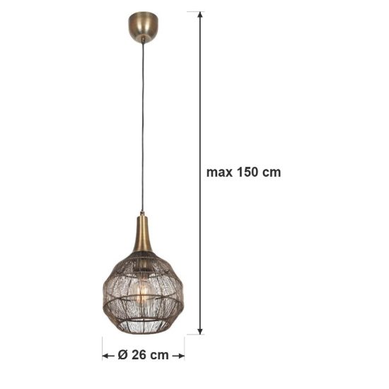 Lampadario a sospensione per salotto nero con diffusore basso in rete metallica ottone invecchiato