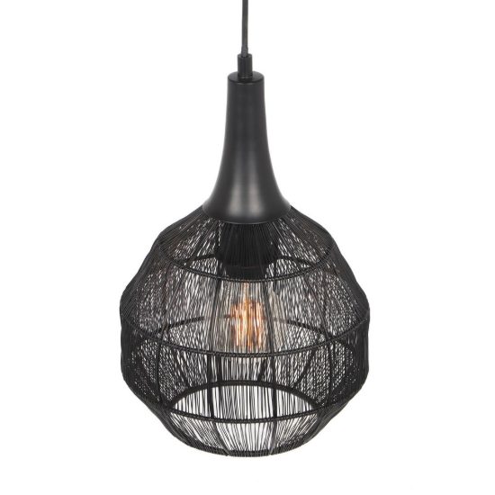 Lampadario a sospensione per sala da pranzo nero con diffusore basso in rete metallica nera