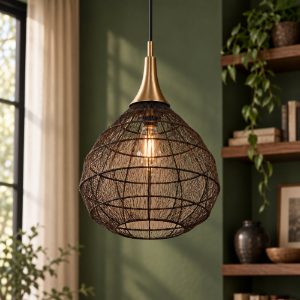 Lampadario a sospensione per salotto nero con diffusore in rete metallica ottone invecchiato