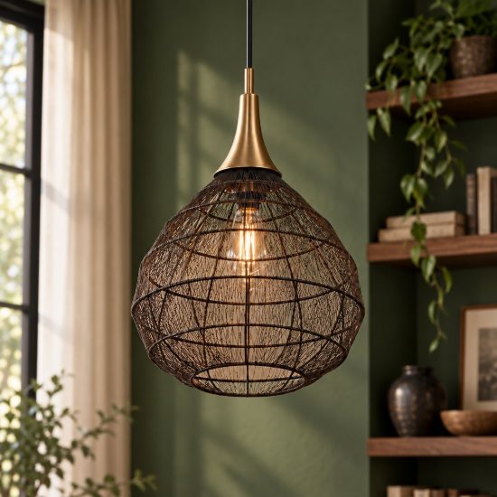 Lampadario a sospensione per salotto nero con diffusore in rete metallica ottone invecchiato