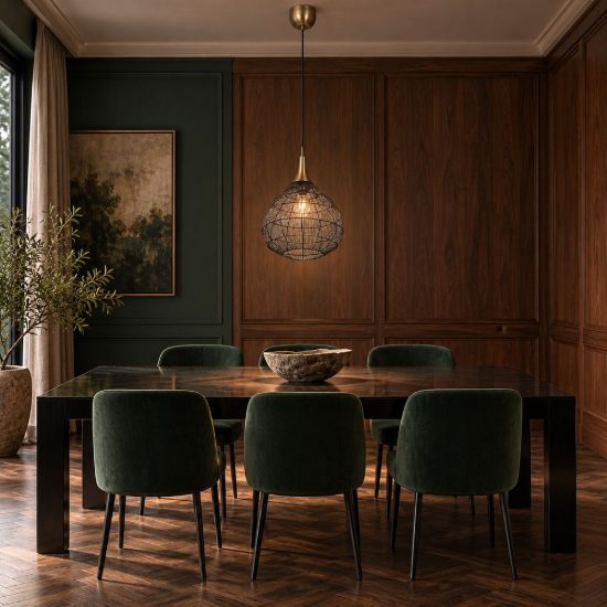 Lampadario a sospensione per salotto nero con diffusore in rete metallica ottone invecchiato