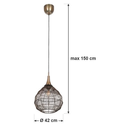 Lampadario a sospensione per salotto nero con diffusore in rete metallica ottone invecchiato