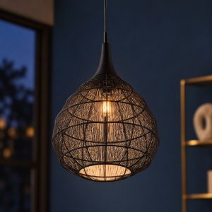 Lampadario a sospensione per sala da pranzo nero con diffusore in rete metallica nera