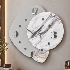 Orologio da parete moderno legno laccato e resina effetto marmo dettagli argento