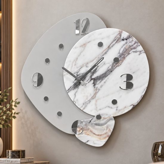 Orologio da parete moderno legno laccato e resina effetto marmo dettagli argento