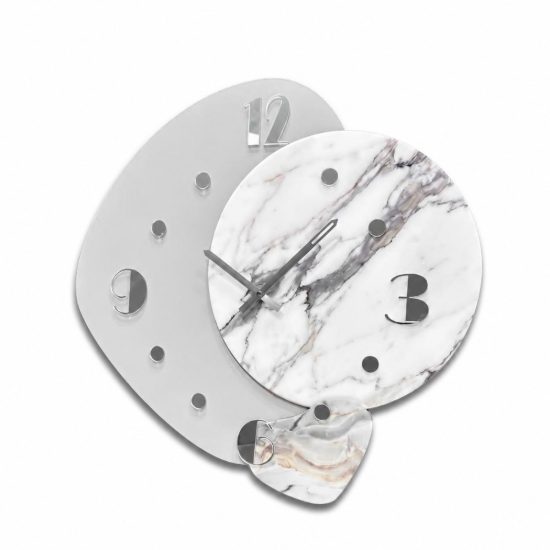 Orologio da parete moderno legno laccato e resina effetto marmo dettagli argento