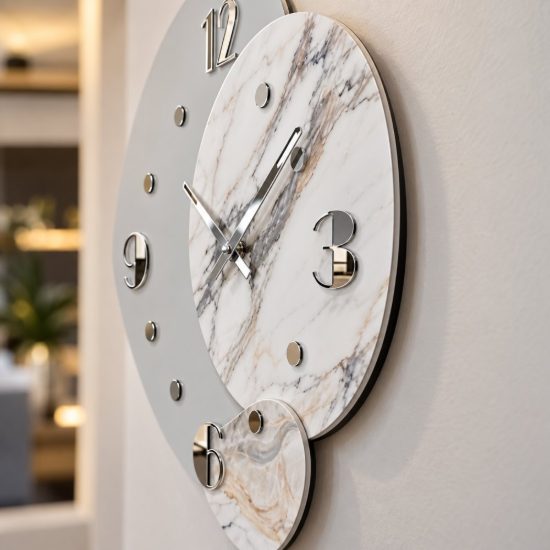 Orologio da parete moderno legno laccato e resina effetto marmo dettagli argento