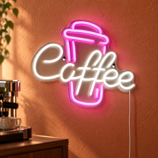 Applique per soggiorno led 5w usb-c decorativa a forma di tazza di caffe effetto neon trasparente