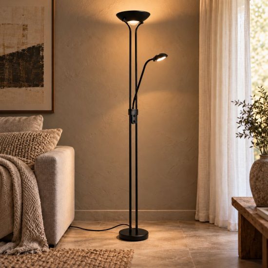 Piantana led 24w 3000k per soggiorno moderna nera con lampada da lettura