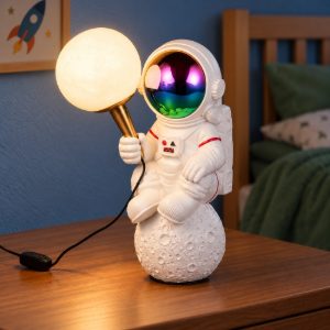 Lampada da tavolo per salotto led 1,5w 2700k usb-c a forma di astronauta con luna in poliresina bianca