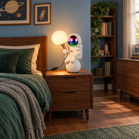 Lampada da tavolo per salotto led 1,5w 2700k usb-c a forma di astronauta con luna in poliresina bianca