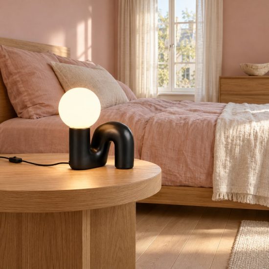 Abat-jour per comodino moderno nero in ceramica con sfera in vetro bianco
