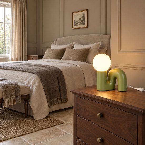 Abat-jour per comodino moderno verde in ceramica con sfera in vetro bianco