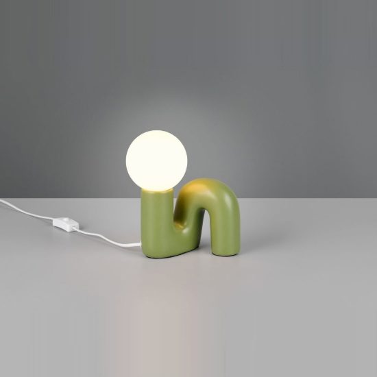 Abat-jour per comodino moderno verde in ceramica con sfera in vetro bianco