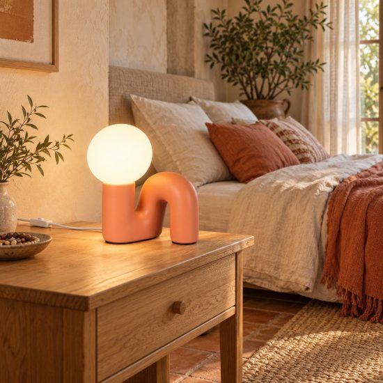Abat-jour per comodino moderno pesca in ceramica con sfera in vetro bianco