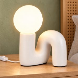 Abat-jour per comodino moderno grigio caldo in ceramica con sfera in vetro bianco