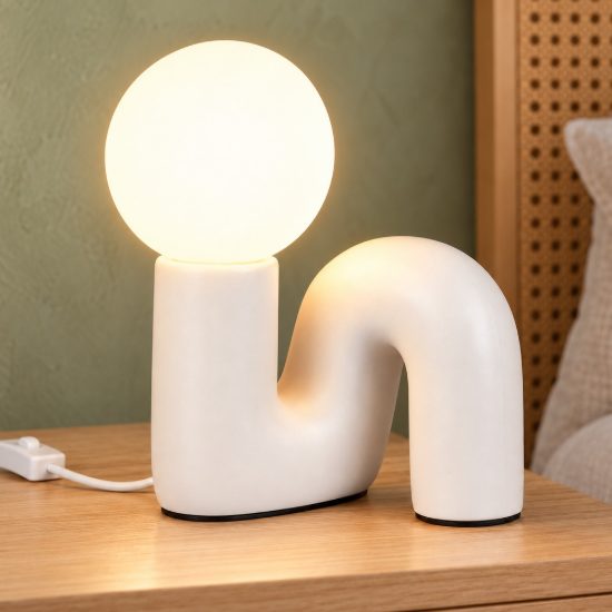 Abat-jour per comodino moderno grigio caldo in ceramica con sfera in vetro bianco