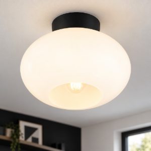 Plafoniera moderna in vetro opale bianco con montatura nera