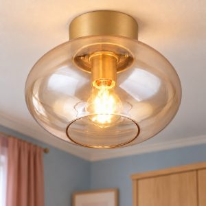 Plafoniera moderna in vetro ambra con montatura oro