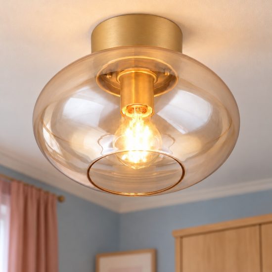 Plafoniera moderna in vetro ambra con montatura oro