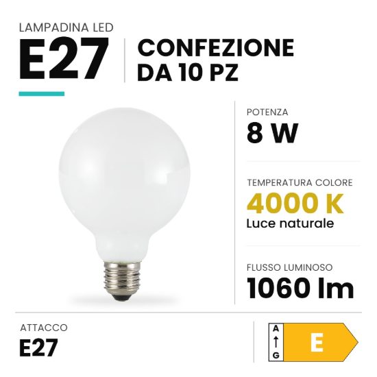 Ideal lux lampadina led e27 a globo 9,5cm 8w 4000k bianca confezione 10 pezzi