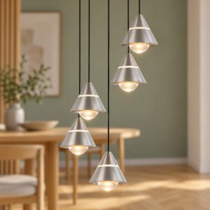 Lampadario 5 luci per salotto led 35w cct 2300k 3000k 4000k rotondo nichel opaco con diffusori conici