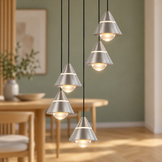 Lampadario 5 luci per salotto led 35w cct 2300k 3000k 4000k rotondo nichel opaco con diffusori conici