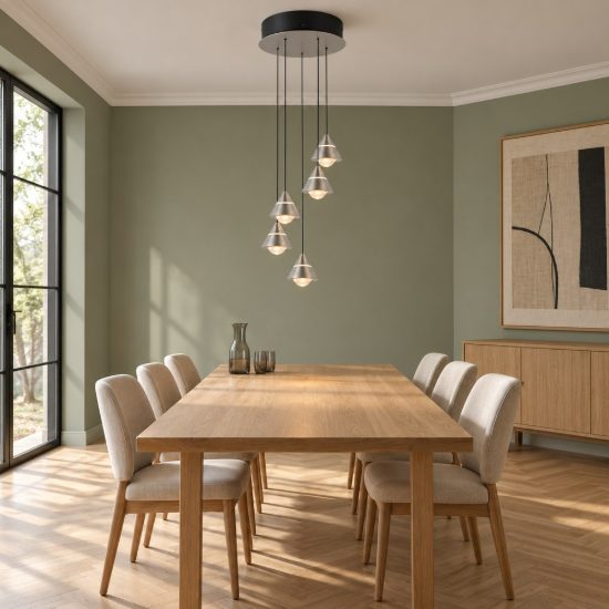 Lampadario 5 luci per salotto led 35w cct 2300k 3000k 4000k rotondo nichel opaco con diffusori conici