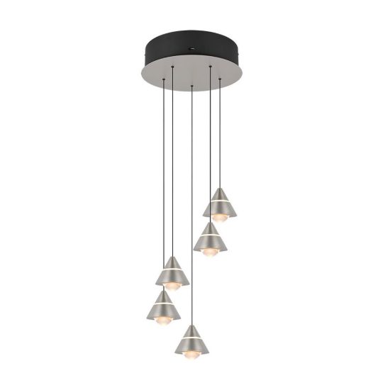 Lampadario 5 luci per salotto led 35w cct 2300k 3000k 4000k rotondo nichel opaco con diffusori conici