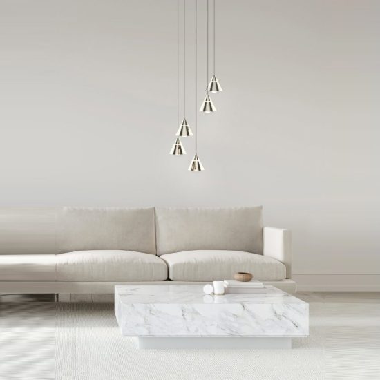 Lampadario 5 luci per salotto led 35w cct 2300k 3000k 4000k rotondo nichel opaco con diffusori conici