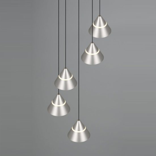Lampadario 5 luci per salotto led 35w cct 2300k 3000k 4000k rotondo nichel opaco con diffusori conici