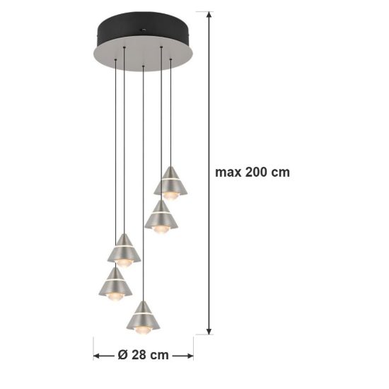Lampadario 5 luci per salotto led 35w cct 2300k 3000k 4000k rotondo nichel opaco con diffusori conici