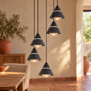 Lampadario 5 luci per sala da pranzo led 35w cct 2300k 3000k 4000k rotondo nero con diffusori conici