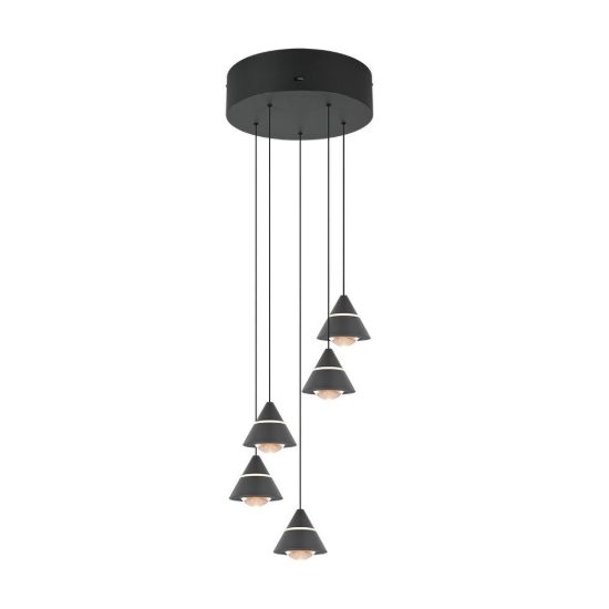 Lampadario 5 luci per sala da pranzo led 35w cct 2300k 3000k 4000k rotondo nero con diffusori conici
