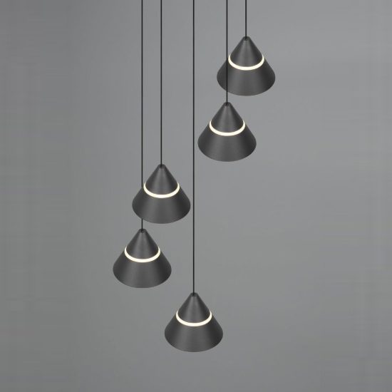 Lampadario 5 luci per sala da pranzo led 35w cct 2300k 3000k 4000k rotondo nero con diffusori conici