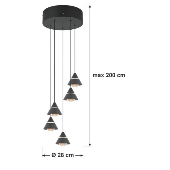 Lampadario 5 luci per sala da pranzo led 35w cct 2300k 3000k 4000k rotondo nero con diffusori conici