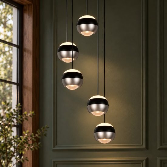 Lampadario 5 luci per salotto led 40w cct 2300k 3000k 4000k bi-emissione rotondo nichel opaco nero