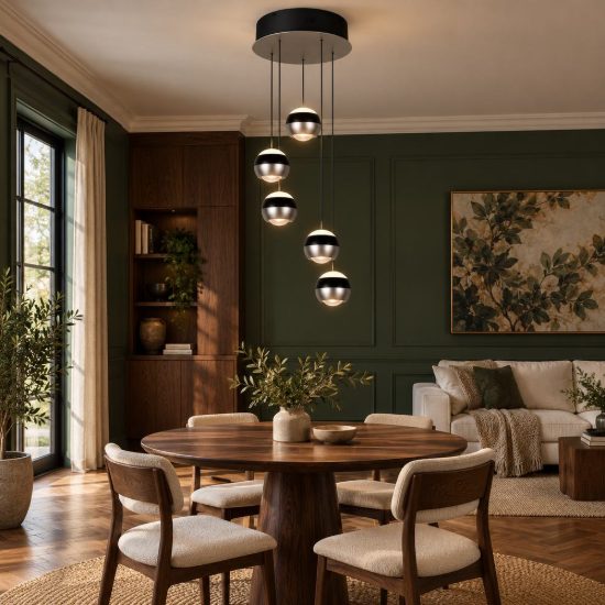 Lampadario 5 luci per salotto led 40w cct 2300k 3000k 4000k bi-emissione rotondo nichel opaco nero
