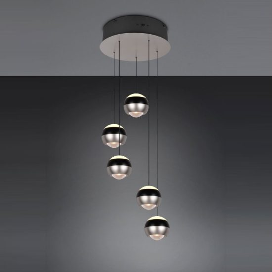 Lampadario 5 luci per salotto led 40w cct 2300k 3000k 4000k bi-emissione rotondo nichel opaco nero
