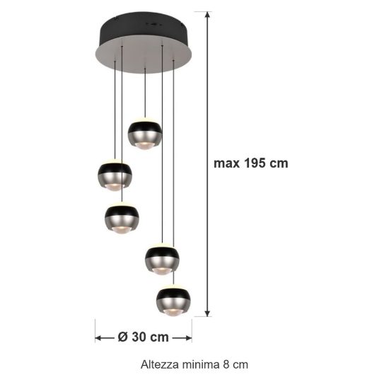 Lampadario 5 luci per salotto led 40w cct 2300k 3000k 4000k bi-emissione rotondo nichel opaco nero