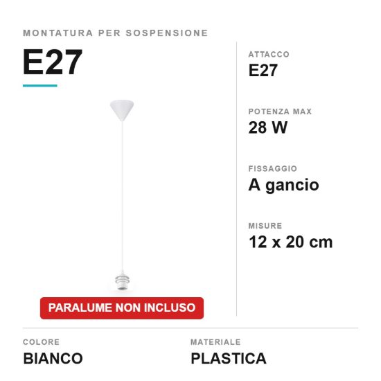 Montatura per sospensione e27 con gancio bianca senza paralume