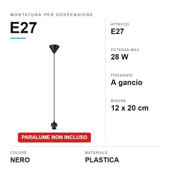 Montatura per sospensione e27 con gancio nera senza paralume