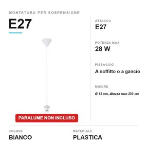 Montatura per sospensione e27 con rosone a soffitto bianca senza paralume