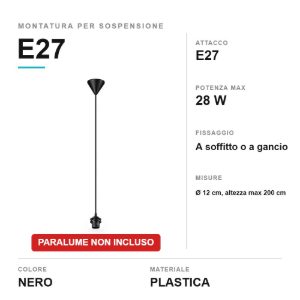 Montatura per sospensione e27 con rosone a soffitto nera senza paralume